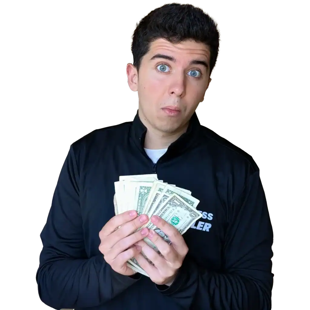 Woop Environmental founder holding a handful of cash
